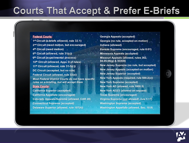 list of courts prefer ebrief ipad hyperlinking hyperlinked